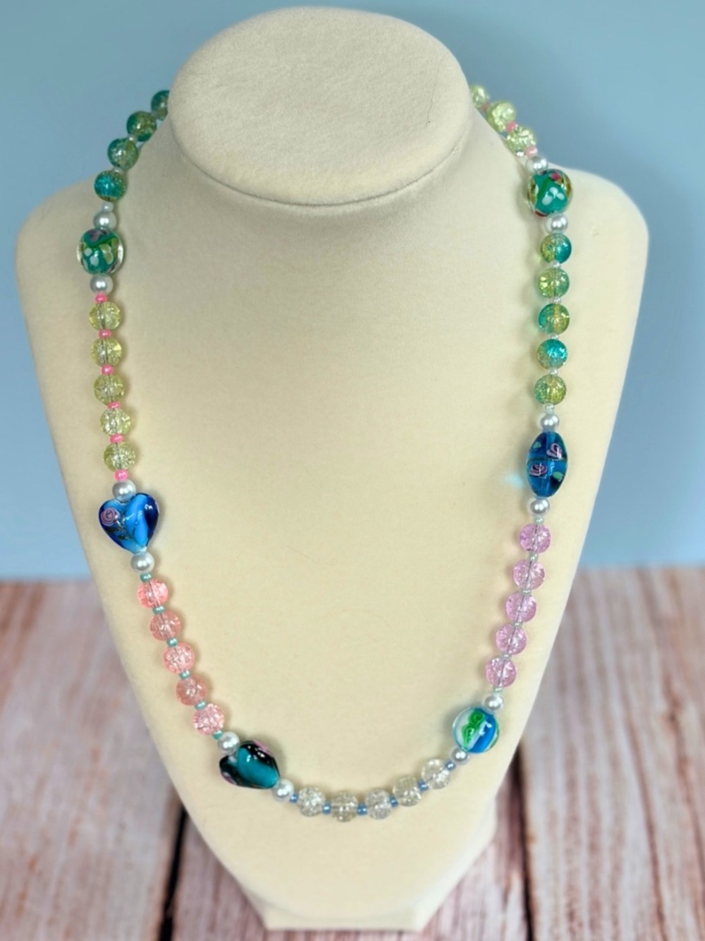 Handmade Multicolor Glass Bead Necklace - Pastel Pink, Green, Blue